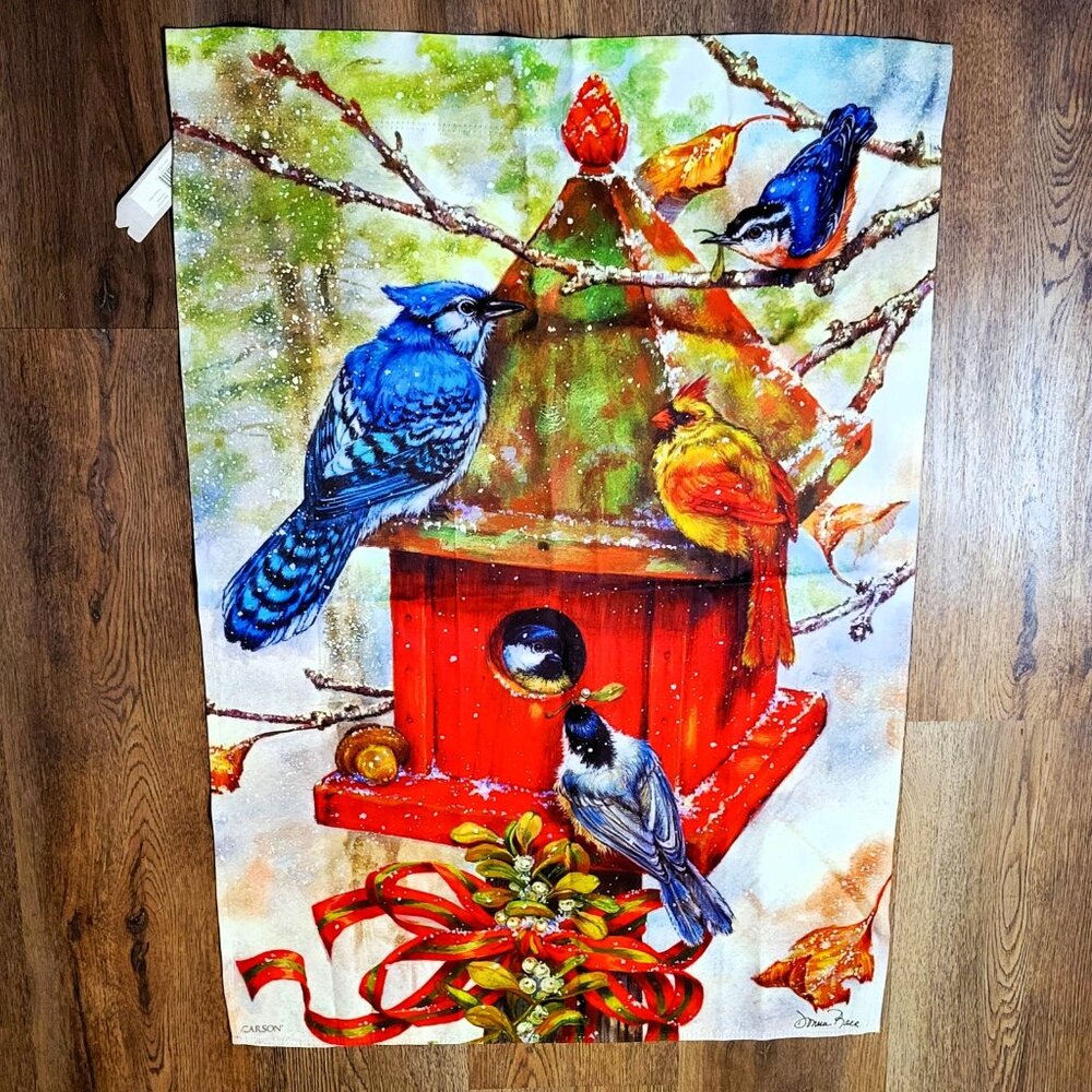 First Snow Carson Flag Trends 39 x 26 Birdhouse Birds Fall Winter Donna Race